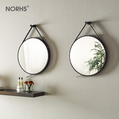 Home hanging wall round decorative sliver mirror with leather strap