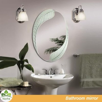 Norhs rustic design etched art oval frameless bathroom wall mounted ornamental beauty silver leaf mirror