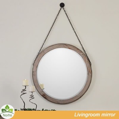 Norhs rustic unique handmade wood surround framed art round hanging mirror with hanging chain for wall decorative