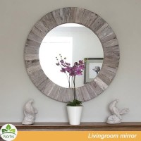 Norhs antique rustic decorative round wood framed tabletop glass silver distressed wood wall mirror for living room