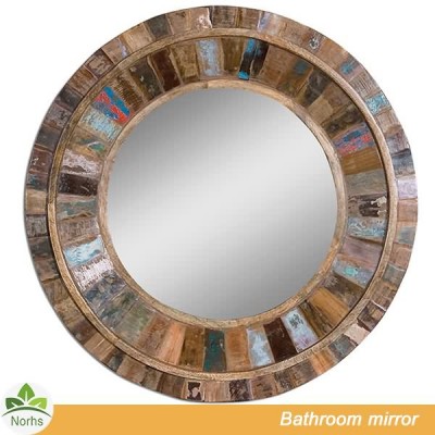 Norhs circle rustic bathroom vanity wall vintage framed colorful painted wood mirror for art decorative