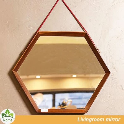 Norhs hexagonal countryside oak red brown wood framed decorative bathroom mirrors for wall hanging design