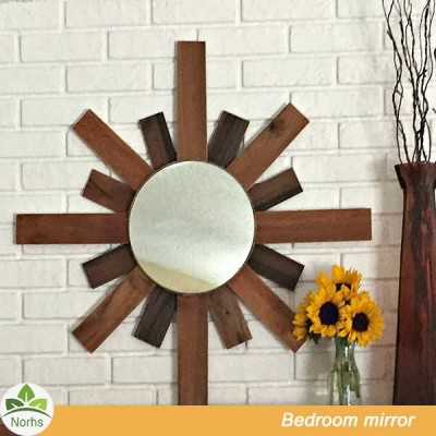 Norhs designer antique sunburst flower dark framed wood wall mirror for living room decor