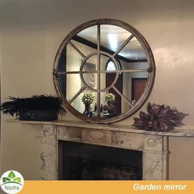 Norhs large round garden metal window pane cast wrought iron outdoor mirror for wall decorative