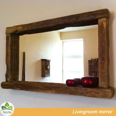 Norhs rustic rectangular decorative reclaimed framed old wood mirrors for living room wall mounted