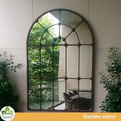 Norhs designer oversize antique wrought frame decorative outdoor garden cast iron metal window mirror